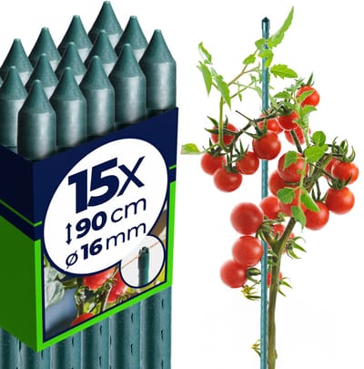 KADAX Bloemensteun van staal, 15 stuks, 90 cm x 16 mm gecoate plantenstok, plantenrankstaaf, weerbestendige plantensteun, tomatenstokken, klimhulp met haakje