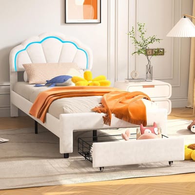 Gewatteerd bed 90 x 200 cm, LED, met bloemvormig hoofdeinde en lattenbodem, eenpersoonsbed voor meisjes met laden, logeerbed, fluweel, zonder matras (wit)