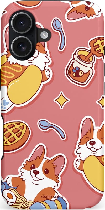 Casetastic hoesje geschikt voor Apple iPhone 17 - MagSafe - Dubbellaagse bescherming - Corgi snacks - Fashion Case - Koraal Terracotta Lichtgrijs Goud