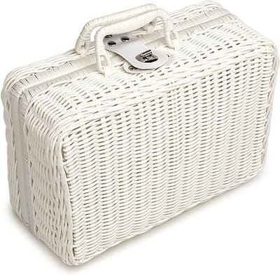 Witte Gevlochten Rieten Koffer voor Opberging, Picknick en Decoratie, Vintage Cadeau met Handvat en Metaal Slot