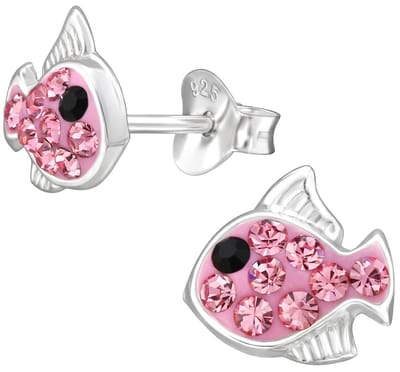 Joy|S - Zilveren vis oorbellen - 8.3 x 8 mm - zilver met roze kristal - kinderoorbellen - sterling zilver 925