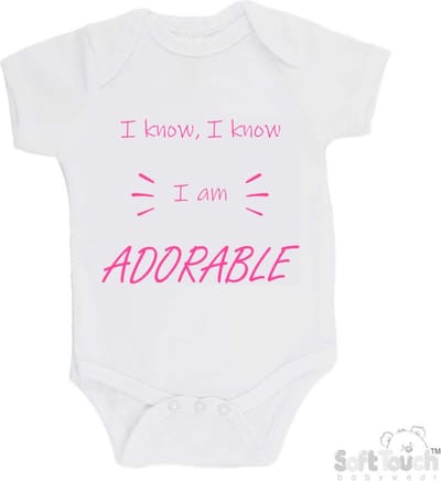 100% katoenen Romper "I know, I know I am ADORABLE" Meisjes Katoen Wit/roze Maat 56/62