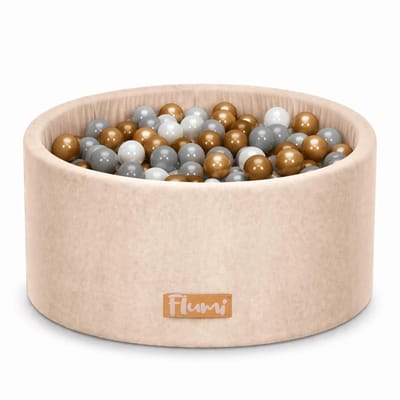 Flumi - Schuim Kinder Ballenbad - Inclusief 200 Ballen - Afneembare Hoes - Beige met Goudkleurige, Grijze en Parelmoerkleurige Ballen