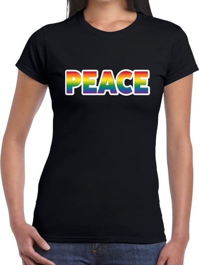 Peace gaypride t-shirt zwart met regenboog tekst voor dames - Gay pride/LGBT kleding XS