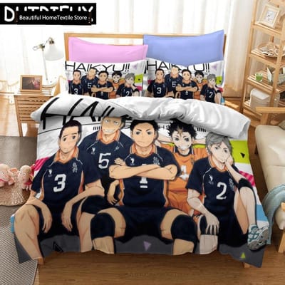 Haikyuu!! Beddengoedset 3D Anime Polyester Dekbedovertrek Kussenslopen Queen King Voor Jongens Cadeau Volleybal Anime Dekbedovertreksets 70x133cm 2pcs