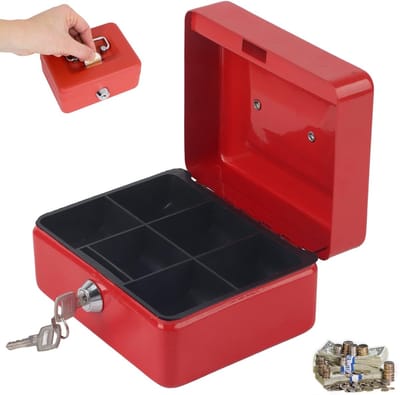 Dailygoods- Spaarbox Compact - Geldkistje met Sleutel - Metalen Geldbox - Rood - 12,5 x 9,5 x 6 cm - Lichtgewicht 215g - Geldkluis