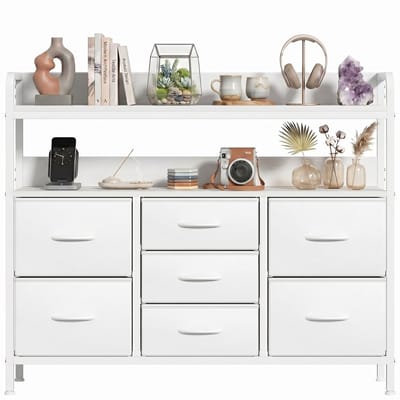 Ladekast Opbergkast Dressoir voor Slaapkamer, Gang & Woonkamer – Kasten & Opbergen – Met 7 Stoffen Lades en 2 Open Schappen – Compact, Stabiel & Ruim - Metaal & MDF - Wit - 100x30x76 cm