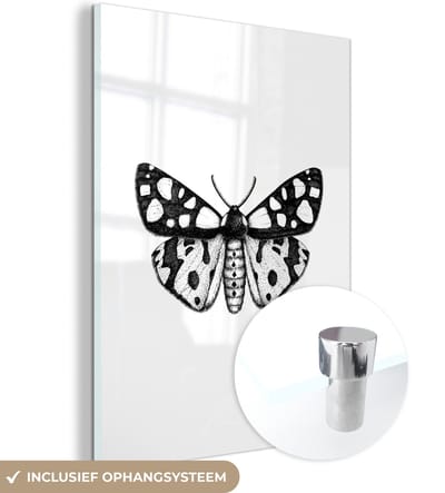 MuchoWow® Glasschilderij 30x40 cm - Schilderij acrylglas - Vlinder - Botanisch - Vintage - Zwart wit - Foto op glas - Schilderijen