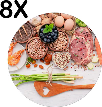 Luxe Ronde Placemat - Fruit, Groente en Kruiden op Tafel - Set van 8 Placemats - 50x50 cm - 2 mm dik Vinyl - Anti Slip - Afneembaar