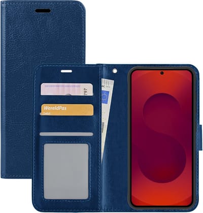 Hoesje - Met Pasjeshouder - Geschikt voor Samsung Galaxy S25 - Luxe Bookcase Portemonee - Flip Case - Kunstleer Book Case - Flipcase - Book Cover - Walletcase - Portemonneehoes - Donkerblauw