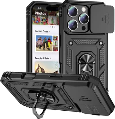 Coverup Hoesje - Geschikt voor iPhone 16 Pro Max Hoesje - Coverup Ring Kickstand Back Cover met Camera Shield - Zwart
