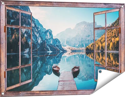Gards Tuinposter Doorkijk Twee Bootjes op het Meer in de Bergen - 90x60 cm - Tuindoek - Tuindecoratie - Wanddecoratie buiten - Tuinschilderij