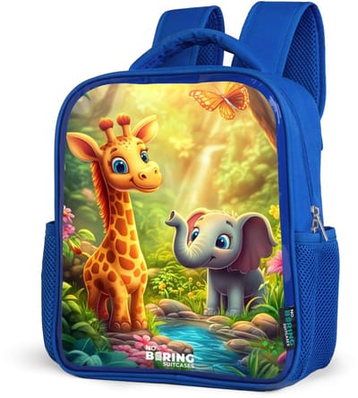 NoBoringSuitcases.com® - Rugzak blauw - Schooltas jongens - Giraf en olifant bij beekje in de Jungle - Kinder rugtas jongen - Boekentas kind - Kinderrugzak voor school - Schoolrugzak