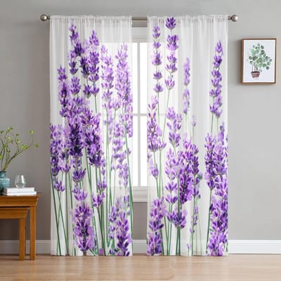 Plant Bloem Lavendel Tule Gordijnen voor Woonkamer Keuken Slaapkamer Transparante Tule voor Café Hotel Moderne Huisdecoratie 135W x 137H(cm)