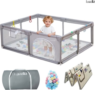 Lucellia® Grondbox Baby - Speelbox & Kinderbox – Inclusief Dubbelzijdige Speelmat & 30 Ballen & 4 optrek handgrepen – Licht Grijs – 180x200x66 cm