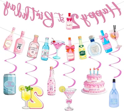 Feestelijke 21e Verjaardag Banner Set met Champagnefles, Leuke Decoraties voor Vrouwen, Swirl Ontwerp voor Binnen en Buiten, Perfecte Verjaardagsversiering