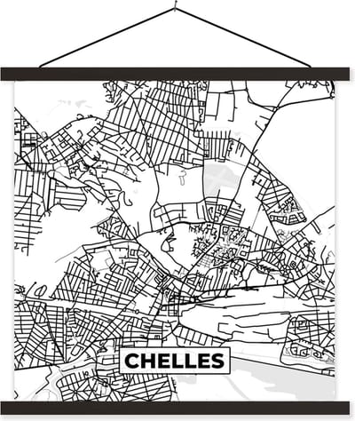 Posterhanger incl. Poster 60x60 cm - Schoolplaat - Frankrijk - Plattegrond - Chelles - Stadskaart - Kaart - Zwart wit - Textielposter - Zwarte latten - Stadskaart