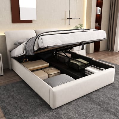 Tweepersoonsbed – met hydraulische opbergruimte – fluweel – beige – voor moderne slaapkamer – praktisch en ruimtebesparend ontwerp