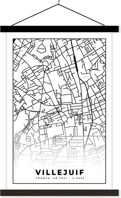 Posterhanger incl. Poster 40x60 cm - Schoolplaat - Stadskaart - Frankrijk - Villejuif - Kaart - Plattegrond - Zwart wit - Textielposter - Zwarte latten - Stadskaart