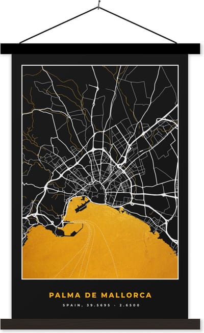 Posterhanger incl. Poster 40x60 cm - Schoolplaat - Mallorca - Stadskaart - Goud - Plattegrond - Kaart - Textielposter - Zwarte latten - Stadskaart