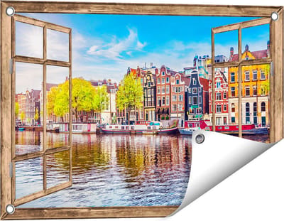 Gards Tuinposter Doorkijk Amsterdamse Huisjes aan het Water - 60x40 cm - Tuindoek - Tuindecoratie - Wanddecoratie buiten - Tuinschilderij