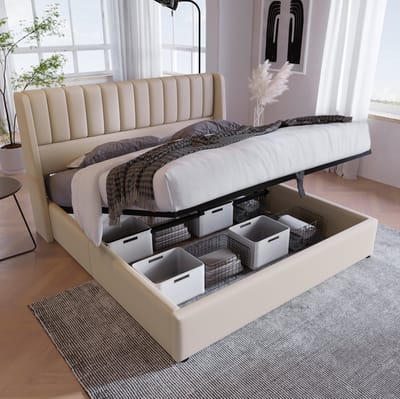 MEUNIQ hydraulisch bed met opbergruimte 180x200 cm, gestoffeerd tweepersoons bed met lattenbodem, hoog hoofdbord en opklapbare bedkist voor slaapkamer, beige