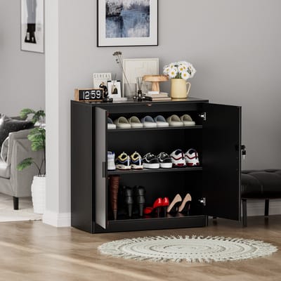 EGGREE Schoenenkast met 3 niveaus - Perfect geschikt voor smalle gangen, woonkamers en slaapkamers - 87 x 37 x 87 cm (L x B x H) - Zwart