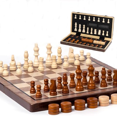 Schaakbord van hout - Dames spel - Strategisch spel - Magnetisch en inklapbaar - 350 g - Licht hout
