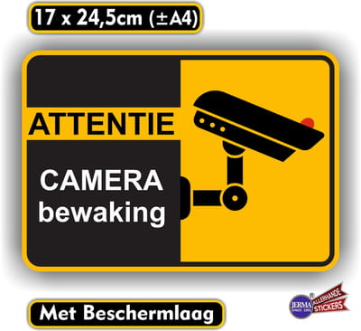 Jerma - Attentie camera bewaking - Sticker - 24.5 x 17 cm - Weerbestendig - Zelfklevend - Vinyl