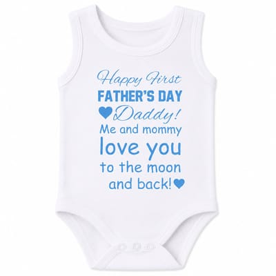 Baby Rompertje zoon jongen tekst papa eerste Vaderdag cadeau van mama | Happy first father’s Day daddy me and mommy love you to the moon and back | mouwloos zonder mouw | wit blauw | maat 50-56 | mooiste cadeautje kind cadeautje liefste lief leukste