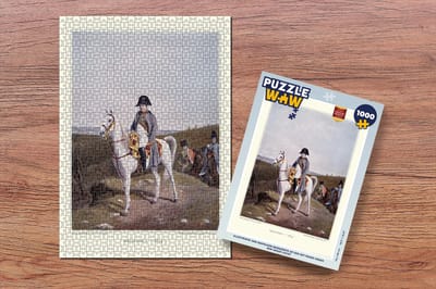 Puzzel Illustratie van Napoleon Bonaparte op een wit paard onder een grijze lucht - Legpuzzel - Puzzel 1000 stukjes volwassenen
