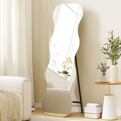 MODFU - Passpiegel - Golvende Vorm - Modern - Vrijstaand Of Tegen De Wand - Gehard Glas - Zwart - 160 x 50 cm