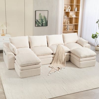 Modulaire 4-zits Corduroy Bank (met voetenbank), 4-Zits Bank U-Bank – incl. kussens en 2 zijvakken, 3-laags Schuim + Veringkern voor Snelle Terugvering. Vrij combineerbaar – Ideaal voor Woonkamers, Kantoren en Meer,Beige