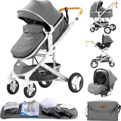 Luxe 3-in-1 Kinderwagen - Draagbaar, Opvouwbaar, met Vering - Aluminium Frame - Inclusief Autostoel - Kwalitatieve Buggy voor Pasgeboren Baby - Luxe Multifunctionele Combi Kinderwagen - Grijs