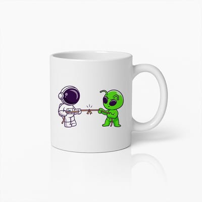 Schattige Astronaut en Alien Touwtrekken Mok – Leuk Ruimte Cartoon Koffiebeker