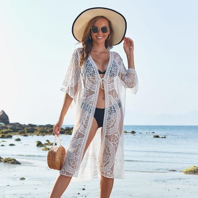 Plage Sexy Bikini Creux Blouse Long Cardigan en Dentelle Protection Solaire One Size blanc