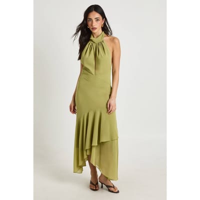 boohoo Dames Chiffon Hoge Hals Bloemendetail Asymmetrische Zoom Midaxi Jurk | Olijf | Maat: 36