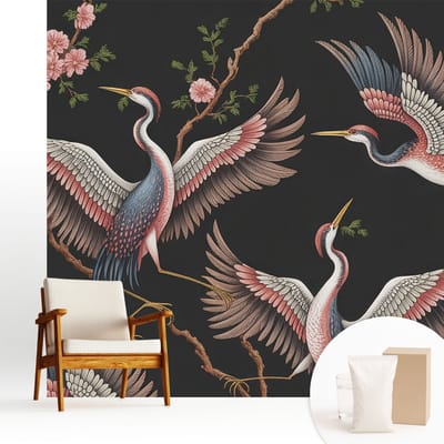 Wallfluent Behang - Bloemenpatroon Muurbehang - 250x250 cm - Zwart Behang - Voor natuurliefhebbers en liefhebbers van minimalisme - Behang Voor de slaapkamer, woonkamer en badkamer - Wandbekleding Dieren