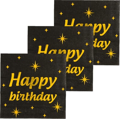 Paperdreams Verjaardag feest servetten - Happy Birthday - 48x stuks - zwart/goud - 33 x 33 cm
