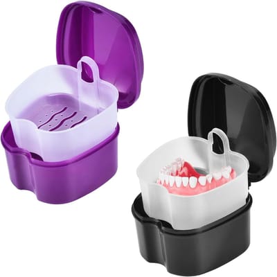Gebitsbeschermer - Gebitsweekbakje - Opbergdoos - Reinigingsdoos - Opbergdoos voor gebitsprotheses - Geschikt voor het opbergen van gebitsprotheses, beugels en andere gebitsonderdelen - 9*8,5*7 cm - Zwart + Paars - Set van 2