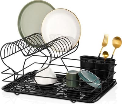 Orsa home - Afdruiprek 2 laags met Plateau - Mat Zwart - Droogrek afwas - RVS - Lekbak