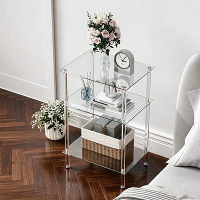 Bijzettafel van glas, rechthoekig nachtkastje, transparante glazen tafel, mobiele salontafel, 3 planken, glazen plank, woonkamer, LET519TR