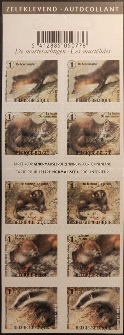 Bpost - Dieren - 10 postzegels tarief 1 - Verzending België - De marterachtigen