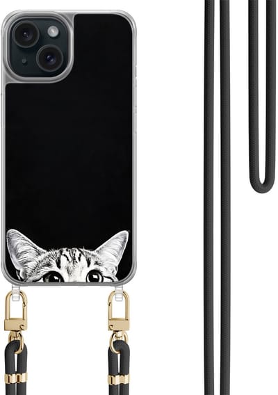 Casevibes - Telefoonhoesje met koord - Geschikt voor Apple iPhone 15 - Kat kiekeboe - Zwart - Print