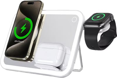intplus+ Make-up Spiegel én 3-in-1 Draadloze Oplader – 15W Qi 2.0 Snellader – Wireless Charger voor iPhone, Android, AirPods, Apple Watch & Smartwatch – GSM Lader, Oplaadstation, Nachtlamp & Tafellamp Slaapkamer