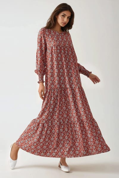 Geprinte Korte Mouw Viscose Maxi Jurk