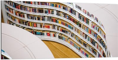 Dibond - Boekenkast in Bibliotheek - 200x100cm Foto op Aluminium (Met Ophangsysteem)