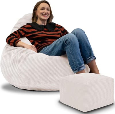 DreamRoots Zitzak voor Volwassenen of Kinderen – Corduroy Beanbag met Voetsteun en Afneembare Hoes – Inclusief Vulling – 90x90x100 cm – White Dove