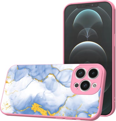 Smartphonica Telefoonhoesje Geschikt voor iPhone 12 Pro Max met Lichtblauw Goud Marmer opdruk - TPU Back Cover Case Lightblue Gold Marble Design - Roze geschikt voor iPhone 12 Pro Max