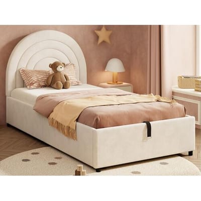 ModernLuxe Kinderopbergbed 90x200 cm - hoofdeinde in regenboogvorm - Fluweel - Beige (matras niet inbegrepen)